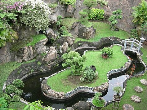 Big garden Pond Garden Ideas, Pond Garden, Small Pond, Lush Green, Koi, Garden Ideas, Lush, A Small, Bridge