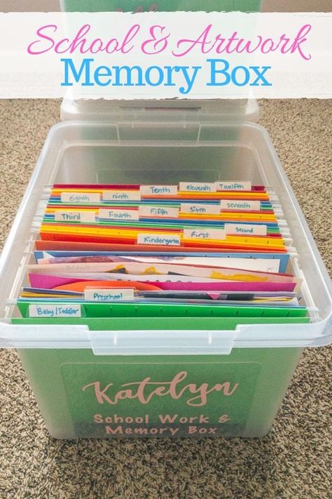 Are you not sure what to do with all of that school and artwork your kids bring home? Learn how to make your own school memory boxes. It's easier than you think to organize your kid's school and artwork! #cricut #cricutprojects #vinylprojects #schoolmemoryboxes School Project Storage Ideas, School Stuff Organization At Home, Kids School Art Storage, Kid Artwork Storage, Kids Paperwork Storage, School Storage Ideas For Home, School Artwork Storage, School Year Keepsake Storage, Kindergarten Keepsake Boxes