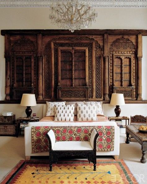 Show-stopping antique door and window panels add something truly unique to this globally inspired bedroom. Get the look with authentic old doors and gates from Asia and Africa at MIX! Indian Interior Design, Indian Room, India Home Decor, Indian Interiors, Indian Home Design, Ethnic Home Decor, غرفة ملابس, October 19, Wood Doors Interior