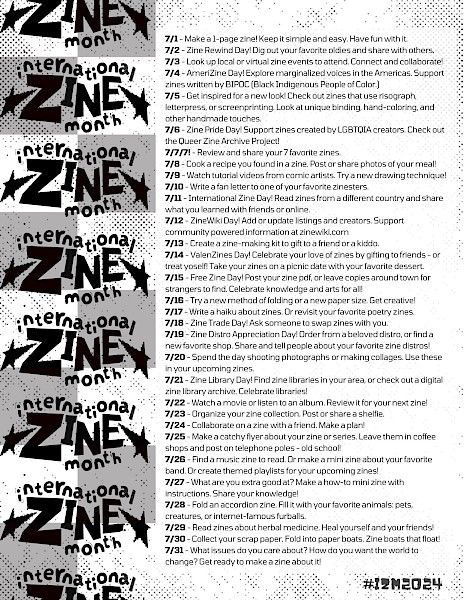 Black and white flyer for International Zine Month 2024. Includes 31 prompts for each day of the month. Includes the hashtag #IZM2024 Zine Themes, Zine Prompts, Zine Ideas, Creative Practice, Joshua James, Art Challenges, Zine Design, Pride Day, Curiosity Shop