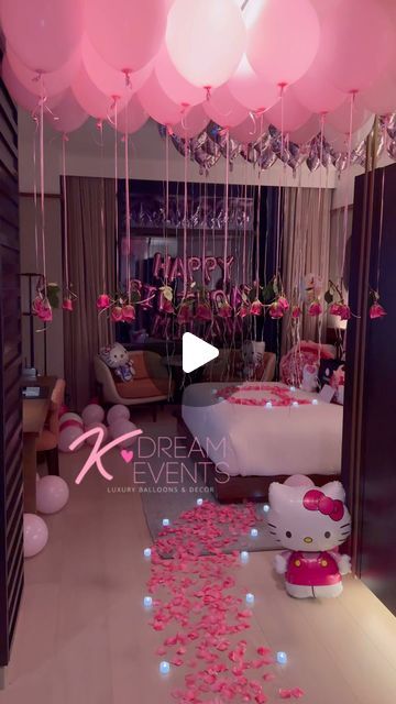 Kaitlyn Harrell on Instagram: "A Dream 🩷��☁️ Happy Birthday @milanbrielle ✨  Hello Kitty themed birthday room for the beautiful birthday girl. Contact us today to book your next luxury birthday surprise!  Bouquet: @kdreamevents_ 🩷 #romanticbirthday #atlantadecor #hellokitty #birthday #birthdaydecor #hoteldecor #hellokittybirthday" Ideas For Surprise Birthday Party, Hotel Birthday Decorations For Her, Hotel Decorations For Girlfriend, Birthday Room Decorations Surprise Girl, Birthday Room Surprise For Girlfriend, Birthday Room Ideas, Birthday Bedroom Surprise, Happy Birthday Hotel Room Decor, Hotel Room Birthday Decoration