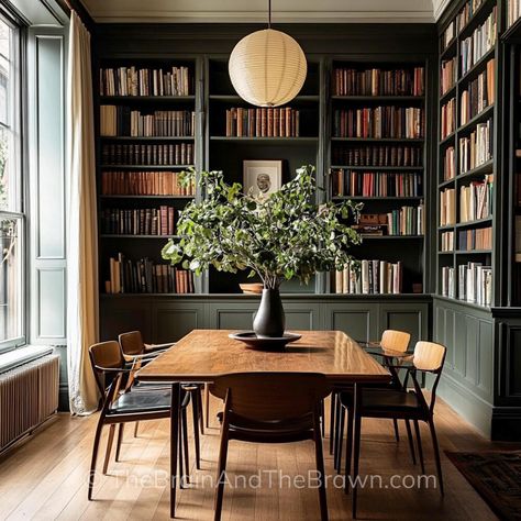 12 Stunning + Simple Floor-to-Ceiling Bookshelves To Add Depth to Your Home! Dark Accent Wall Bookshelves, Two Wall Bookshelf, Library Nook In Living Room, Home Office With Ladder Bookcase, Bookshelves Over Cabinets, Dining Room Libraries, Library In Dining Room Bookshelves, Built In Bookshelves Floor To Ceiling, Rounded Built In Bookshelves