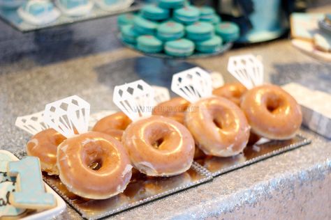 Donut Rings For Engagement, Dessert Table For Engagement Party, Tiffany Dessert Table, Bridal Party Dessert Table, Ring Donuts Bridal Showers, Engagement Donut Rings, Breakfast At Tiffanys Food Brunch, Dessert For Engagement Party, Donut Diamond Ring