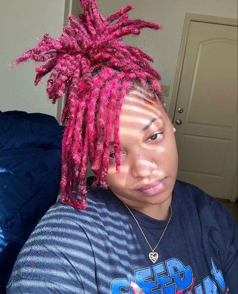 Pink Locs Hairstyles, Pink And Red Locs, Magenta Locs, Hot Pink Locs, Latest Dreadlocks Styles, Dreadlock Inspiration, Pink Locs, Loc Colors, Loc Goals