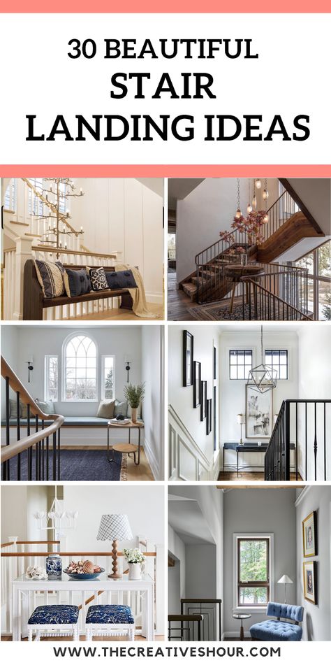 2nd Floor Landing Decor, Large Stair Landing Ideas, Stair Landing Corner Decor, Ideas For Upstairs Landing Area, Stair Landing Bookcase, Staircase With Window On Landing, Top Stairs Landing Decor, Window On Stairs Landing, How To Decorate Upstairs Hallway