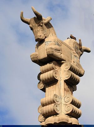 This is an example of a column from the Persian Empire era (559 B.C. - 1600 A.D.). It features addorsed (back-to-back) animals upon the top of the column, which was typical of the time period. Columns similar to this one featured in the photo were usually made of stone, but it was not uncommon for columns in residential homes is be made from wood, covered in plaster, and painted to resemble stone. Most of the carved relief figures were painted also. Persian Column, Achaemenid Architecture, Persepolis Iran, Architecture Antique, Shiraz Iran, Iran Culture, Iran Pictures, Iranian Architecture, Persian Architecture