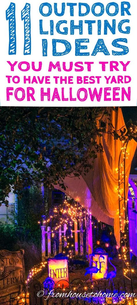 These Halloween outdoor decor ideas are AWESOME!! I'm definitely going to have the best front yard Halloween lighting in the neighborhood using these ideas. #entertainingdiva #halloween #halloweendecorations #halloweenlighting #halloweenoutdoordecor #halloweenoutdoorlighting #halloween Graveyard Decorations, Front Yard Halloween, Spooky Outdoor Halloween Decor, Halloween Lighting, Halloween Lighting Outdoor, Halloween Haunted House Decorations, Outdoor Lighting Ideas, Yard Diy, Outdoor Halloween Decorations