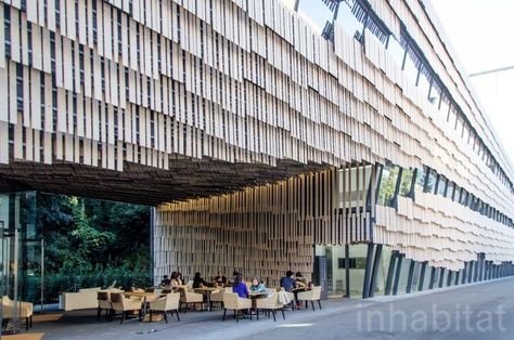 Studio Symbiosis designed Punjab Kesari Headquarters, an office in Delhi NCR that blends contemporary design with traditional Indian architecture into an energy-efficient envelope. Tokyo Architecture, Tokyo University, Modern Japanese Architecture, Retail Facade, Wood Facade, Wooden Facade, Kengo Kuma, Architectural Section, Education Architecture