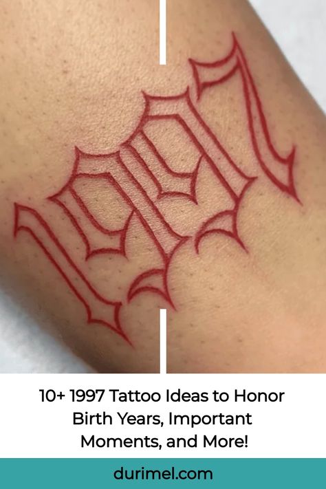 Celebrate your birth year or a special moment with these unique 1997 tattoo ideas. From minimalist designs to intricate artwork, find inspiration for your next ink. #tattooideas #1997birthyear #inkinspiration 1999 Tattoo Stencil, Est 1981 Tattoo Ideas, Est 1991 Tattoo Ideas, Red Year Tattoos, Tattoo With Words For Women, 1997 Tattoo Above Knee, 1997 Old English Tattoo, 2000 Birth Year Tattoo, Birth Year Tattoo On Leg