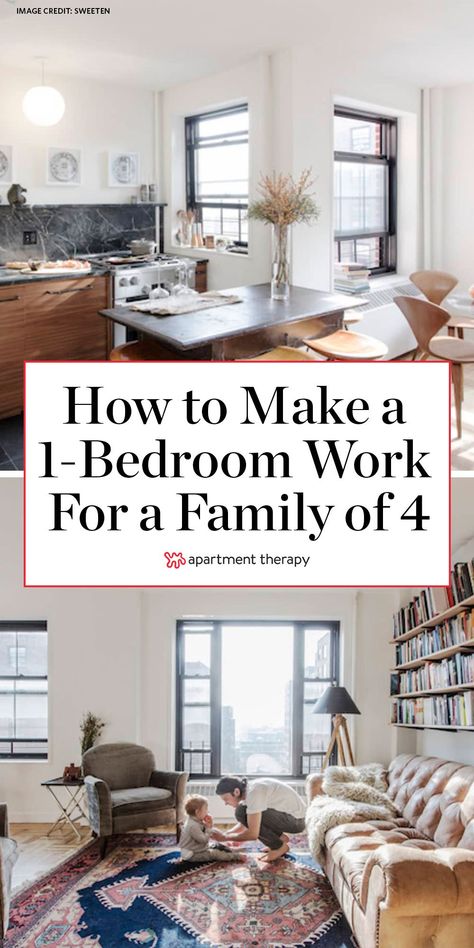 Here's how a family of four makes a one-bedroom NYC rental work for them. #smallspaces #storagehacks #murphybed #smallspacelayout #layoutideas #roomlayout #apartmenthacks One Room Efficiency Layout, Bedroom In Studio Apartment, Making A Living Room Into A Bedroom, How To Make A Living Room Into A Bedroom, 1 Bedroom Apartment Into 2 Bedroom, Bedroom Into Apartment, One Bedroom For Two People, Turning A One Bedroom Apartment Into Two, Convert 1 Bedroom Into 2