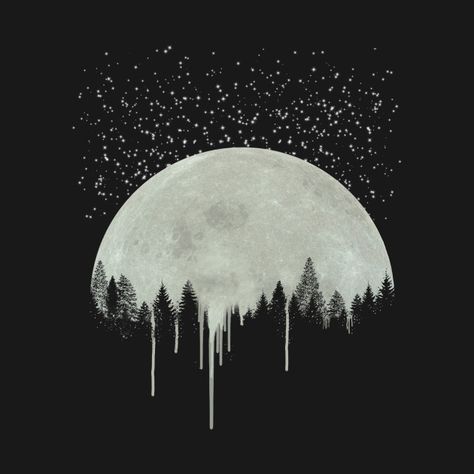 Full Moon Art, Sky Tattoos, Trees Silhouette, Night Tattoo, Dripping Paint, Moon Artwork, Star Tapestry, Night Stars, Art Forest