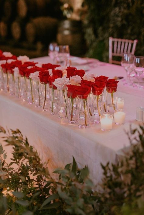 Red Theme Table Setting, Pink And Red Wedding Decorations, Red Roses Table Centerpieces, Red And Rose Wedding, Valentines Day Wedding Decorations, Valentines Wedding Centerpieces, Pink And Red Party Aesthetic, Red And Pink Wedding Table Decor, Red Roses Table Setting