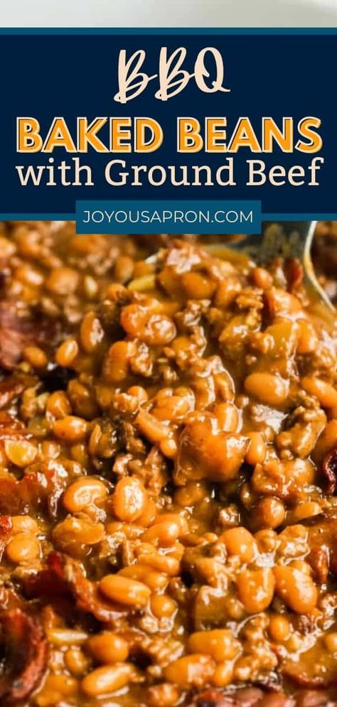 BBQ Baked Beans - easy and yummy bbq baked beans side dish with ground beef and bacon. Cooked first on the stovetop and then baked low and slow in the oven. Great for cookout, grilling and barbecues. Bbq Beans With Ground Beef, Baked Beans On Stovetop, Bbq Baked Beans With Ground Beef, Cowboy Baked Beans With Hamburger, Bake Beans Recipe, Bbq Baked Beans Recipe, Baked Beans With Hamburger, Beans Side Dish, Baked Beans With Ground Beef