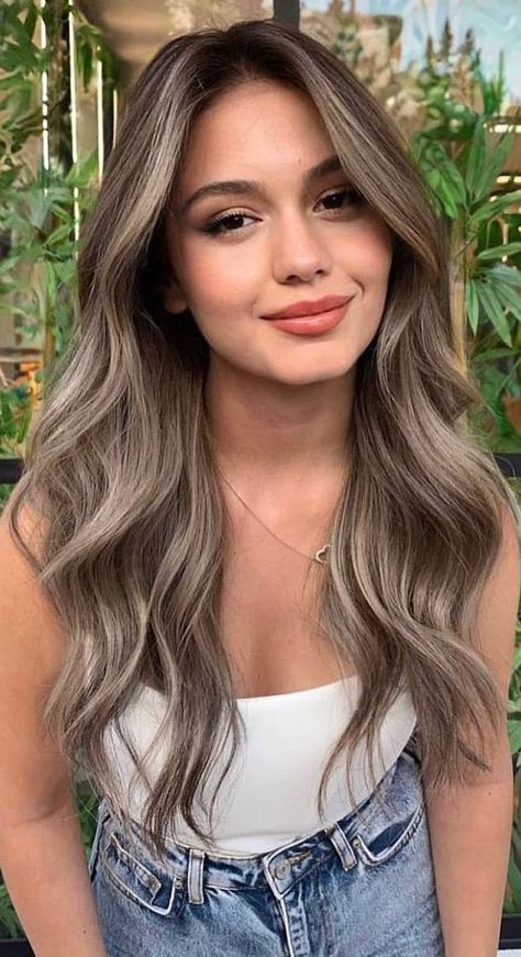 Gray Brown Blonde Hair, Fall Ash Brunette Hair Color, Hair Color Ideas For Brunettes Easy Upkeep, Brown Hair With Ashy Blonde Balayage, Mushroom Brown Naturally Curly Hair, Hair Couler Ideas For Brunettes, College Hair Color Ideas, Ash Brown Balayage Layered Hair, Bayalage Ideas For Dark Hair