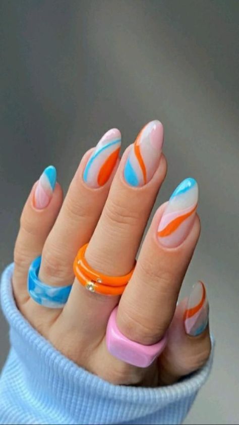 Wavy Nail Designs, Nail Inspo Funky, Short Almond Nails Summer, Orange Nails Summer, Nail Art Almond Nails, Nail Designs For Summer, Multicolored Nails, Summer Nail Designs, Simple Acrylic Nails