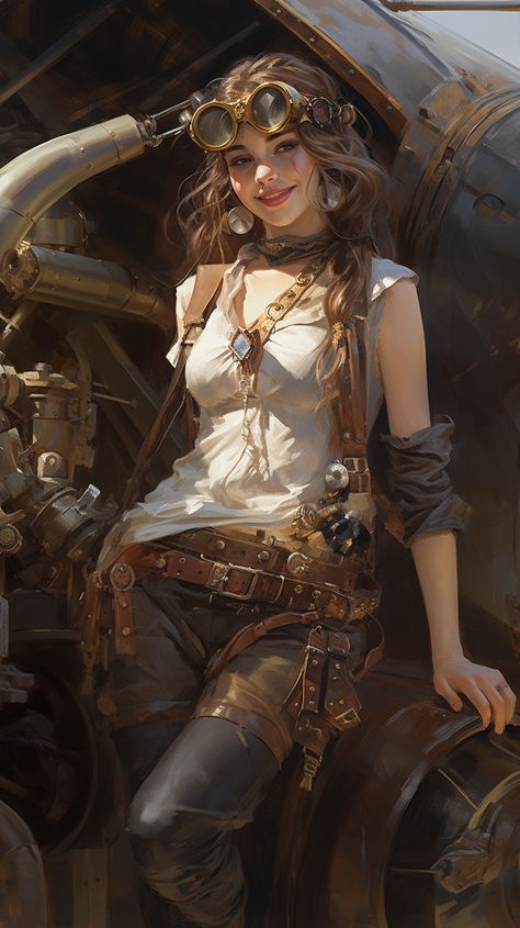 Steampunk Doctor Female, Steampunk Vampire Art, Mechanic Fantasy Art, Vintage Pilot Aesthetic, Time Traveler Concept Art, Steampunk Armor Female, Dieselpunk Aesthetic Outfit, Inventor Aesthetic Outfit, Female Steampunk Outfit