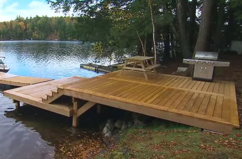 Deck By Water, Waterfront Deck Ideas, Small Docks On The Lake Ideas, Path To Lake Ideas, Lake Decks Ideas, Lakeside Deck Ideas, Lake House Docks Ideas, Lake House Yard Ideas, Small Lake Dock