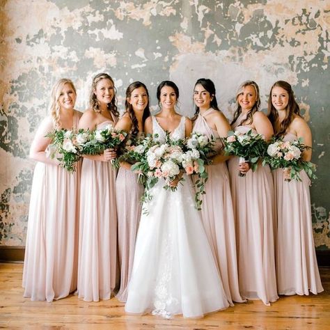 Blush Pink Bridesmaid Dresses Real Weddings | Birdy Grey Lilac Gowns, Ivory Wedding Theme, Color Bridesmaid Dresses, Blush Pink Theme Wedding, Greenery Bouquets, Popular Bridesmaid Dresses, Tuscan Inspired Wedding, Blush Pink Bridesmaids, Blush Pink Bridesmaid Dresses