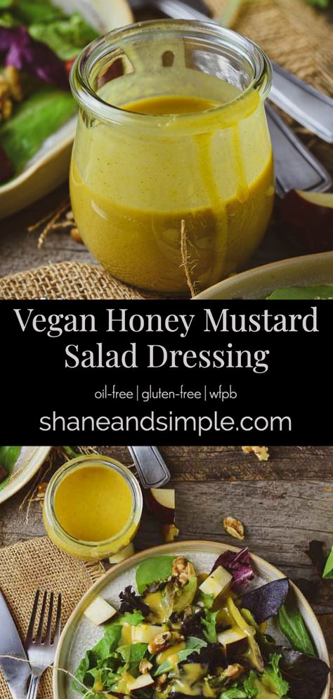 Vegan Honey Mustard Dressing made with dijon mustard, maple syrup, and garlic powder. Easy, no oil, quick, and fat-free! #WFPBrecipe #VeganRecipe #plantbased #withoutoil #easyrecipe #cleaneating Salad Dressing No Oil, Vegan Honey Mustard Dressing, Vegan Honey Mustard, Vegan Dressings, Oil Free Salad Dressing, Honey Mustard Salad Dressing, Mustard Salad Dressing, Vegan Honey, Bbq Sauce Homemade Easy