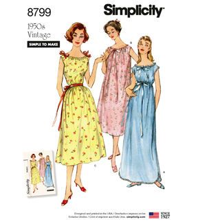 Sleep in style wearing vintage 1950s sleeveless nightgowns that are simple to sew using the Simplicity Pattern 8799 Misses' Vintage Nightgowns - Size A (XS - S - M - L - XL). The neck edge in this pattern features a casing gathered with a ribbon drawstring that ties into a bow. Tie and lace edging or optional waist casing add feminine details.Brand: SimplicitySize: A (XS - S - M - L - XL) 1950s Nightgown, 1950s Gown, Nightgown Pattern, Feminine Details, Vintage Nightgown, Motif Vintage, Women's Nightgowns, Simplicity Sewing, Simplicity Sewing Patterns