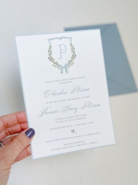 Classic Watercolor Crest Baby Shower Invitation Dusty Blue - Etsy Invitation Dusty Blue, Fairytale Baby Shower, Watercolor Crest, Blue Baby Shower Invitations, Monogram Baby, White Baby Showers, Elegant Baby Shower, Baby Invitations, Baby Monogram