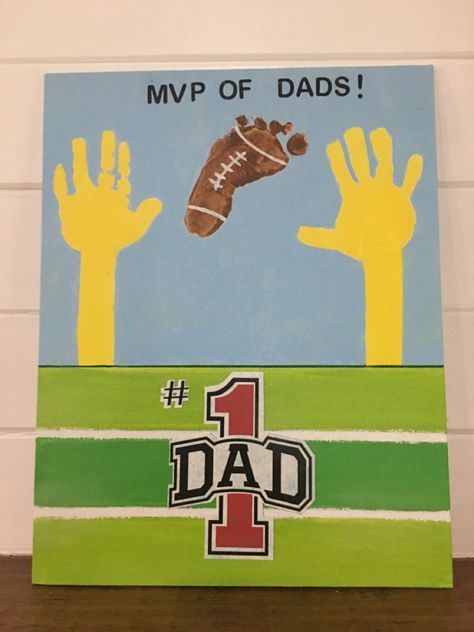 Handprint and footprint football craft Fathers Day Crafts Football, Father’s Day Football Craft, Father's Day Footprint Craft, Football Footprint Craft, Footprint Football, Football Crafts For Toddlers, Print Crafts, Baby Footprint Art, Preschool Spring