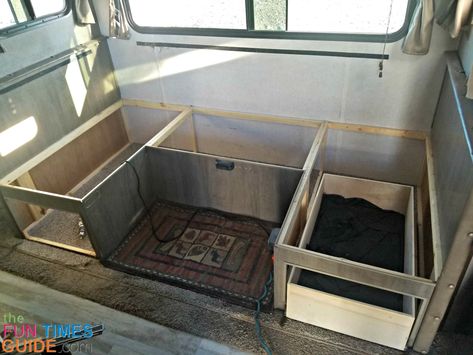 DIY RV DINETTE REPLACEMENT: The dinette is a piece of RV furniture that I don't use - so I removed it! See how I did this RV dinette replacement myself and put a comfy recliner in its place. Dinette Rv Remodel, Travel Trailer Dinette Makeover, Camper Dinette Replacement, Diy Rv Furniture Ideas, Fifth Wheel Dinette Remodel, Removing Camper Dinette, Camper Renovation Dinette, Camper Living Outdoor Space, Diy Camper Dinette