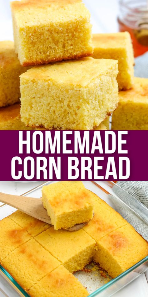 With just 8 simple ingredients and a short baking time of fewer than 30 minutes, you’ll be diving into this easy cornmeal recipe and loving every single bite.  When you’re craving that simple southern flavor, this made-from-scratch cornbread recipe is waiting for you to bake. Easy Homemade Cornbread Recipe, Not Sweet Cornbread Recipe, Corn Meal Cornbread Easy, The Best Homemade Cornbread Recipe, Homemade Cornbread Sweet, Best Ever Cornbread Recipe, 4 Ingredient Cornbread, How To Make Southern Cornbread, Cornbread Recipe Not Sweet