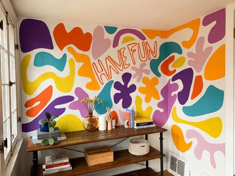 abstract mural, colorful, bright colors mural, kids room mural, fun art with words Abstract Art Mural Wall, Wall Paint Abstract, Art Room Wall Mural, Crazy Painted Walls, Playful Wall Mural, Bright Mural Wall, Apartment Mural Wall, Mural Wall Art For Kids, Mural Wall Art Abstract