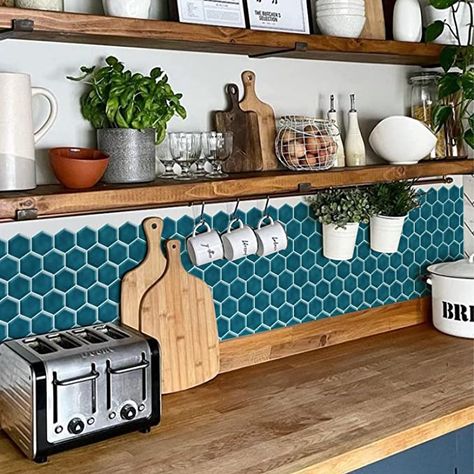 Stick On Tiles Kitchen Backsplash Ideas, Kitchen Tile Stickers, Teal Backsplash Kitchen, Stick On Tiles Kitchen, Small Kitchen Diner, Small Kitchen Solutions, Sticky Tile, Tiles For Kitchen Backsplash, Stick On Wall Tiles