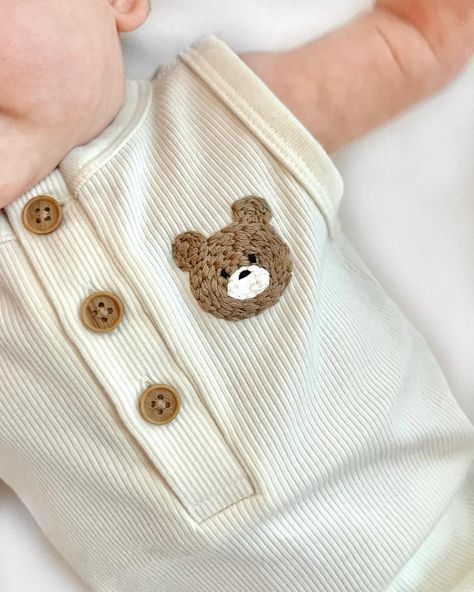 Summer embroidery inspo ➡️ What summer projects are on your list? #embroidery #handembroidery #embroideredclothing #embroidered #babyclothes #craftymom #diycrafts Teddy Bear Hand Embroidery, Onsie Embroidery Ideas, Cute Bear Embroidery, Embroidered Teddy Bear, Embroidery For Boys Clothes, Embroidery On Kids Clothes, Baby Clothes Embroidery Ideas, Embroidery Boys Ideas, Embroidered Baby Clothes Boys