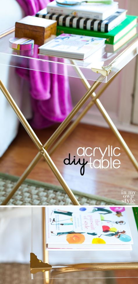 Furniture Makeover: Make-this-chic-table-by-repurposing-a-box-frame-and-a-TV-tray-stand.  DIY decorating ideas. Frame Makeover, Acrylic Side Table, Budget Furniture, Furniture Acrylic, Tv Tray Table, Repurposing Ideas, Tv Tray, Diy Side Table, Tv Trays