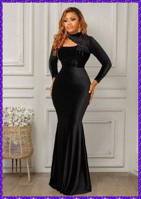 Black Dinner Gown, Dinner Gowns Classy Style, Dinner Gowns Classy, Lace Gown Styles Aso Ebi, Dinner Gown Styles, Dress Classy Elegant, Black Dinner Dress, Black Velvet Gown, Dinner Gowns