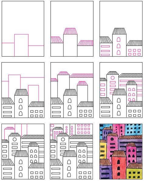 Building Doodle Art, Drawing Ideas Buildings Easy, Elementary School Art Projects Easy, Art Activities For 3rd Graders, Kindergarten Art Worksheets, K-2 Art Projects, How To Draw A Building, How To Draw Buildings Step By Step, How To Draw Houses