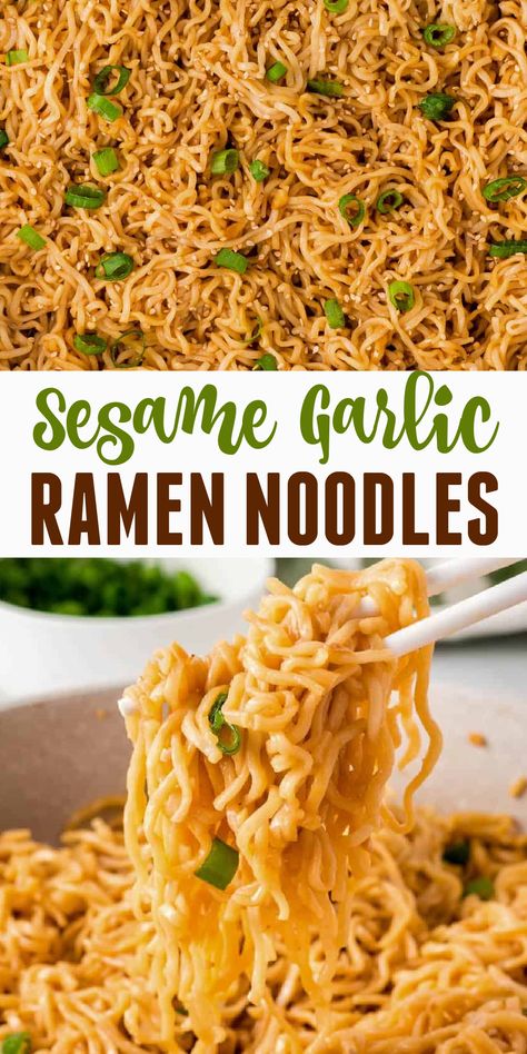 Tired of the same boring ramen noodles? Toss out the sauce packet and make these super easy 10 minute sesame garlic ramen noodles! Ramen Noodles Sauce Recipes, Easy Curry Ramen Recipes, Dishes With Ramen Noodles, Lotus Foods Ramen Recipes, Recipes With Mr Noodles, Easy Dinner With Ramen Noodles, Cheap Easy Rice Meals, How To Make Healthy Ramen Noodles, Sesame Chicken Ramen Noodles