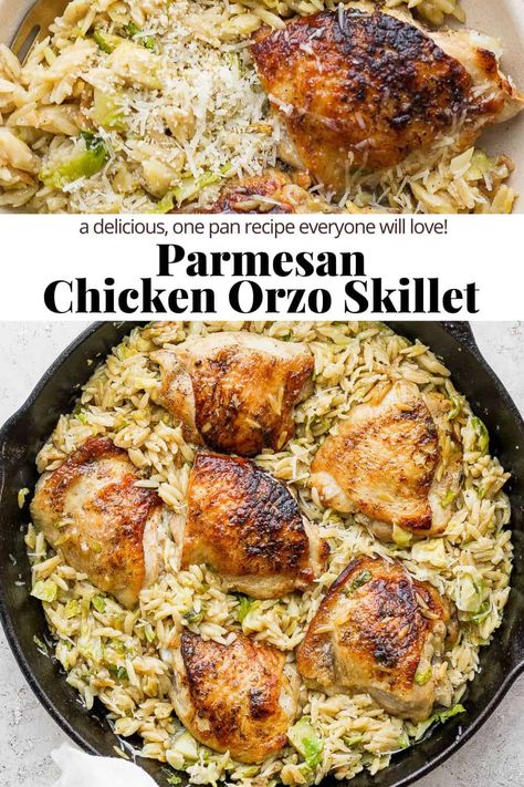 Parmesan Chicken Orzo - a delicious one-pan dinner that is packed with flavor! Made with simple, real ingredients the whole family will love! #chickenorzo #parmesanchickenorzo #parmesanchickenorzorecipes #creamyparmesanrozowithchicken #oneskilletparmesanchickenandorzo Italian Chicken And Orzo, Skinnytaste One Pot Chicken And Orzo, Chicken Thigh Orzo Skillet, Parmesan Chicken With Orzo, Roast Chicken With Orzo, Wooden Skillet Recipes, One Skillet Parmesan Chicken And Orzo, Chicken Orzo Dutch Oven, Chicken And Orzo One Pot