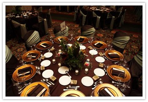 Real Wedding: Kerry + Justin, Part Three - Inspired Bride Brown And Gold Wedding, Gold Chargers Wedding, Wedding Table Setup, Gold Table Setting, Gold Wedding Reception, Gold Wedding Gowns, Fall Wedding Color Schemes, Passover Decorations, Gold Chargers