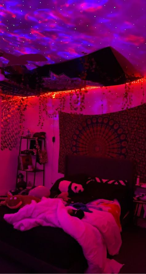 Led Lights Bedroom Aesthetic Tapestry, Room Ideas Aesthetic Led Lights Tapestry, Room Design With Tapestry, Purple And Red Room Decor, Room Ideas Trippy Aesthetic, Purple And Red Bedroom Aesthetic, Red Purple Room, Room Ideas For Stoners, Trippy Room Decor Ideas