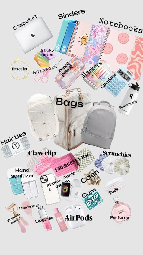 What to bring in your backpack! #vibes #school #bacpack What Should You Have In Your School Bag, What To Pack In Your Backpack For Middle School, Preppy What’s In My Backpack, Cute School Essentials, What To Put In My Backpack, What To Put In A Backpack, What To Bring In Your Backpack, Things To Bring To School As A Girl, What In My Backpack School