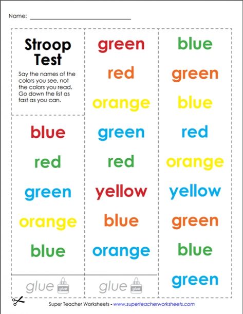 Try out the Stroop Test! This brain game challenges you to say the color of the word instead of the word that is written. Find this and many other brain teasers and puzzles on Super Teacher Worksheets! Printable Brain Teasers, Probability Math, 3rd Grade Fractions, Visual Perception Activities, Test For Kids, Boredom Busters For Kids, Rebus Puzzles, Brain Teasers For Kids, Brain Test