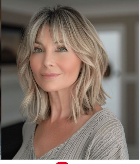 Block Blonde Highlights, Blonde Lob With Fringe Fine Hair, Collar Bone Length Shag Haircut, Shoulder Length Wavy Hair With Fringe, Collar Bone Length Shag, Long Bob Feathered Bangs, Medium Length Wavy Hair, Blonde Hair Goals, Medium Hair Styles For Women