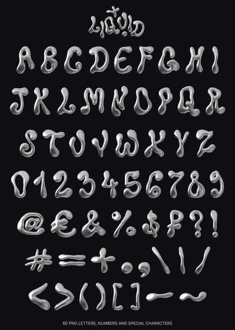 3d Iridescent, Heavy Metal Font, Black Metal Font, Baddie Things, Punk Typography, Liquid Typography, Font Styles Alphabet, Cool Fonts Alphabet, Chrome Letters