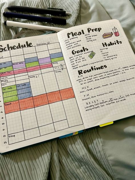 Academic bullet journal planner weekly schedule with semester meal prep, goals, habits and routines dailyplannerideas #weekly_student_planner #digitalplannergoodnotestemplate📒 Study Journal Ideas Student, Academic Bullet Journal, Study Calendar, Weekly Academic Planner, Time Management Printable, Student Weekly Planner, College Schedule, Life Raft, Habits And Routines