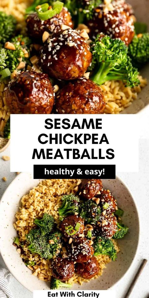 These vegan and vegetarian sesame chickpea meatballs are the best meal prep recipe. These baked vegan meatballs are so healthy and coated in a sticky sesame sauce. This recipe is perfect to meal prep for a family dinner and are delicious over rice and broccoli. A high protein vegan dinner the whole family will love! Meal Prep Vegetarian Dinner, High Protein Vegetarian Meal Prep Ideas, Protein No Meat Meals, Asian Meal Prep Vegetarian, Vegan Meals With Protein, Vegan Lunch Ideas High Protein, High Protein Vegan Meatballs, High Protein Vegan Bean Recipes, Healthy Meatless Meal Prep