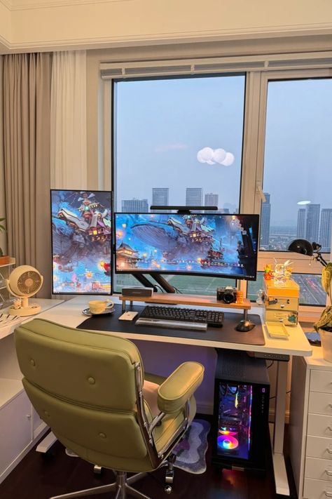 A minimalist home office setup featuring a spacious desk with multiple monitors, a comfortable ergonomic chair, and a stunning view of the city skyline. Perfect for both work and play. Desk With Multiple Monitors, Stacked Monitor Setup, Curved Monitor Setup, Multiple Monitor Setup, Monitor Setup, Minimalist Home Office, Desk Setups, Pc Gaming Setup, Sleek Furniture