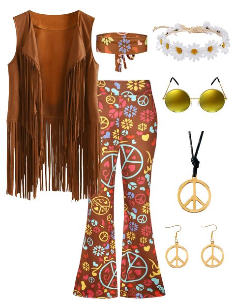 PRICES MAY VARY. 70s outfit for women:Hippie costume include 1*hippie fringe vest suede, 2*hippie flower headband, 1*peace sign earrings , 1*peace sign necklace, and 1*retro sunglasses,these hippie accessories will bring you an attractive charm, make you the focus of the theme party. Soft meterial :Pants:Stretchy Fabric, Fit To Wear All Day.Machine Wash are Available,hippie fringe vest is made Faxure Suede , is light weight, soft and comfortable when your wearing.Wear with Hippie accessories wil 70s Disco Fashion Women, Hippie Fringe Vest, 70s Themed Outfits, Hippie Flower Headband, Hippie Costume Diy, 70s Halloween Costume, 70s Party Outfit, Hippy Costume, Hippie Flare Pants