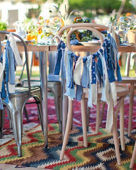 Wedding Jeans, Denim Wedding Dresses, Chair Swag, Denim Diamonds, Wedding Reception Chairs, Denim And Pearls, Jeans Wedding, Denim Party, Denim Wedding