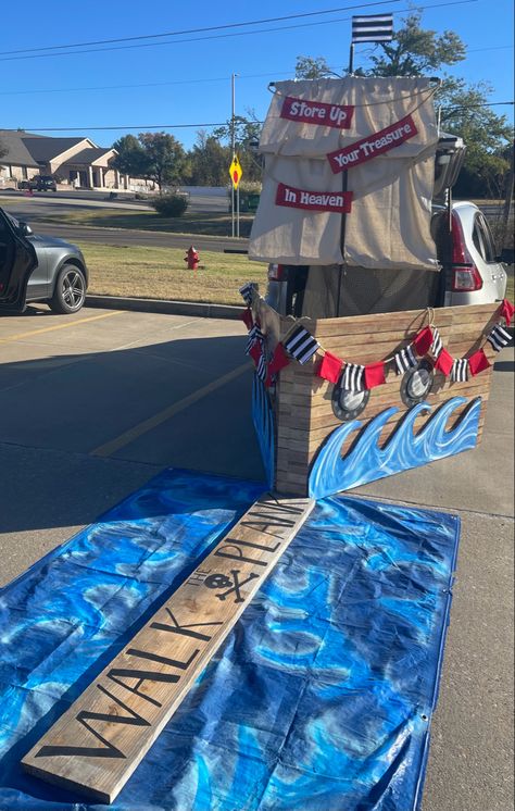 Pirate Boat Trunk Or Treat, Pirate Tent Ideas, Trunk Or Treat Ideas For Trucks Pirate, Deep Sea Trunk Or Treat, Treasure Chest Trunk Or Treat, Pirate Themed Parade Float, Trunk Or Treat Ideas Minivan, Pirate Trick Or Trunk Ideas, Show Box Float Ideas