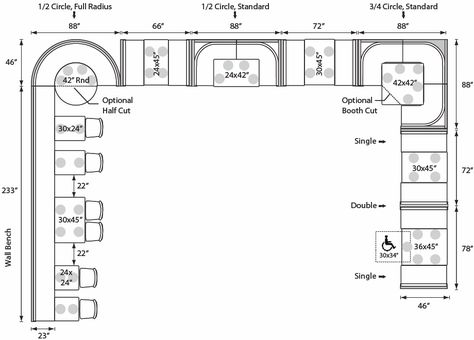 Booth Spacing  -  this shows a width of 72" for a 30" wide table plus comfortable booth style seating Round Booth Seating, Restaurant Booth Design, Booth Seating Design, Booth Seating Restaurant, Banquette Restaurant, Restaurant Booth Seating, Restaurant Floor Plan, Restaurant Layout, Restaurant Plan