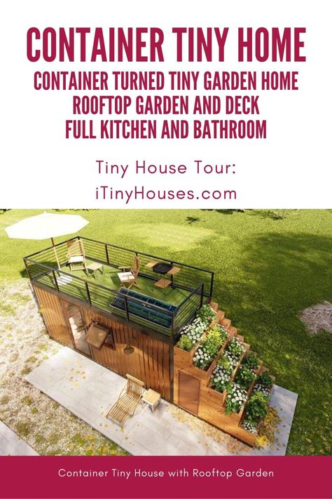 This converted container tiny home with a rooftop garden is truly a modern fantasy. An open floor plan with skylight and deck feature make a perfect home! This shipping container tiny home is a great tiny home house plan that you will soon make your own! #TinyHome #TinyHouse #TinyHouseLiving #TinyHouseMarketplace #ShippingContainer #ConvertedContainerHome Shipping Container Roof Garden, Tiny House With Rooftop Deck, Converted Container, Shipping Container Tiny Home, Container Tiny Home, Storage Pod, Converted Shipping Containers, Container Cabin, Living Space Decor